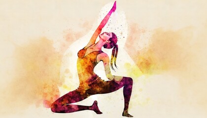 Colorful watercolor style background wallpaper woman doing yoga dynamic poses generative ai