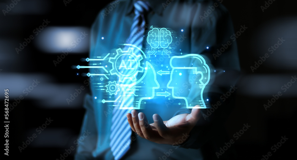 Poster businessman touching the brain working of artificial intelligence (ai) in the futuristic business an