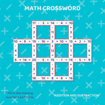 Math Crossword puzzle for children. Addition and subtraction.
