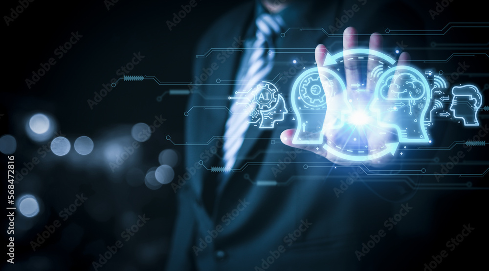 Poster businessman touching the brain working of artificial intelligence (ai) in the futuristic business an