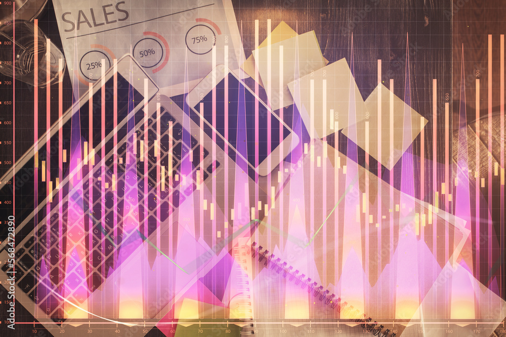 Poster financial market graph and top view computer on the desktop background. multi exposure. investment c