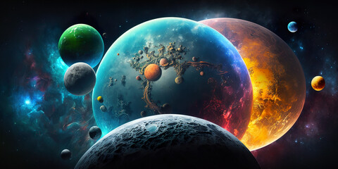 Obraz na płótnie Canvas Universe represented in all dimensions in one illustration. From the parallel dimension to the multidimensional, the multitude of planets in the universe. Image generated by AI.