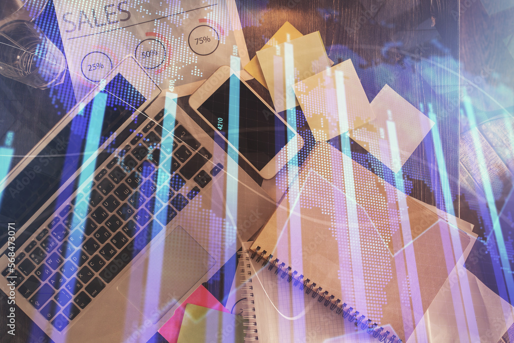 Poster Financial market graph and top view computer on the desktop background. Multi exposure. Investment concept.