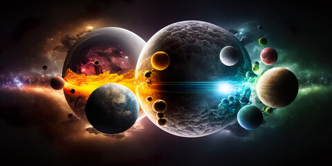 Fototapeta na wymiar Universe represented in all dimensions in one illustration. From the parallel dimension to the multidimensional, the multitude of planets in the universe. Image generated by AI.
