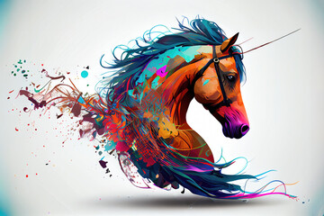 Obraz na płótnie Canvas Generative AI illustration of brown horse with blue mane painted in colorful paints with abstract geometric elements on white background