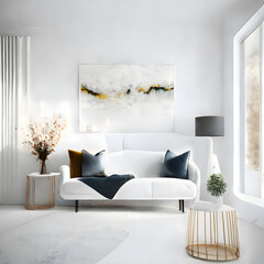 Cozy modern living room interior with white sofa and decoration room on a white or white wall background, Generative AI

