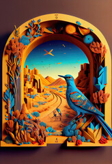 Generative AI illustration of blue bird sitting on arched window decorated with various with view on desert against brown background