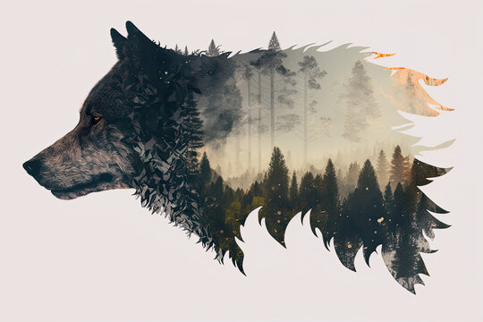 Duuble exposure head wolf and a forest. Generative AI illustration.