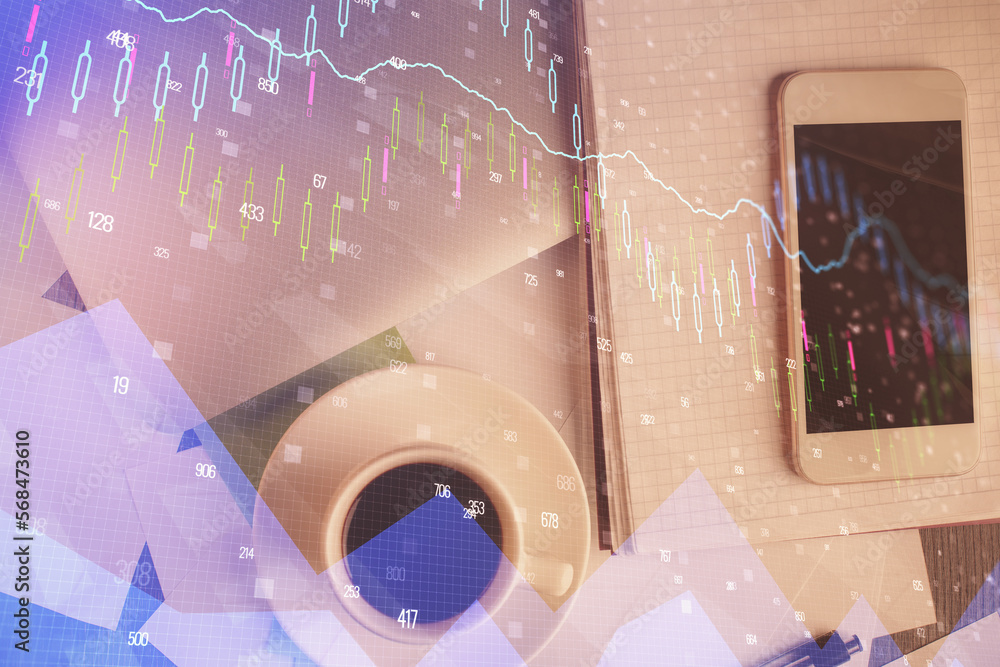 Poster multi exposure of forex graph hologram over desktop with phone. top view. mobile trade platform conc