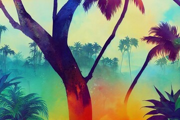 Watercolor style, high quality painting digital art, landscape on a tropical forest with trees, palms and branches standing on it, colorful birds, fruits and fruits, in coordinating. Generative AI
