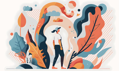 Vector illustration, young man watching the landscape, abstract and minimalist design
