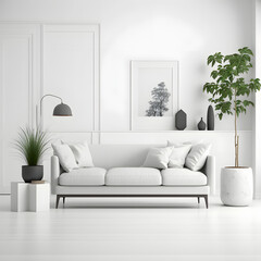 Cozy modern living room interior with white sofa and decoration room on a white or white wall background, Generative AI
