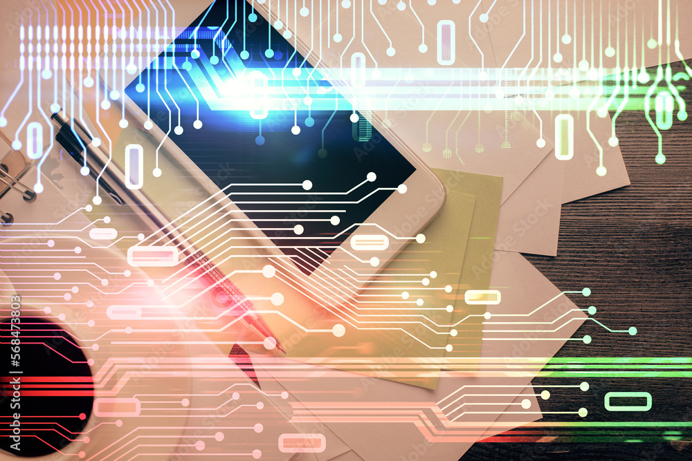 Poster Double exposure of technology theme drawing over work table desktop. Top view. Global data analysis concept.