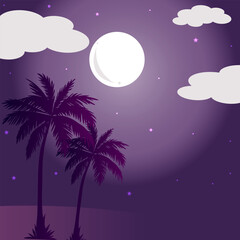Vector flat illustration silhouette of a tropical palm tree against the background of the moon and starry sky
