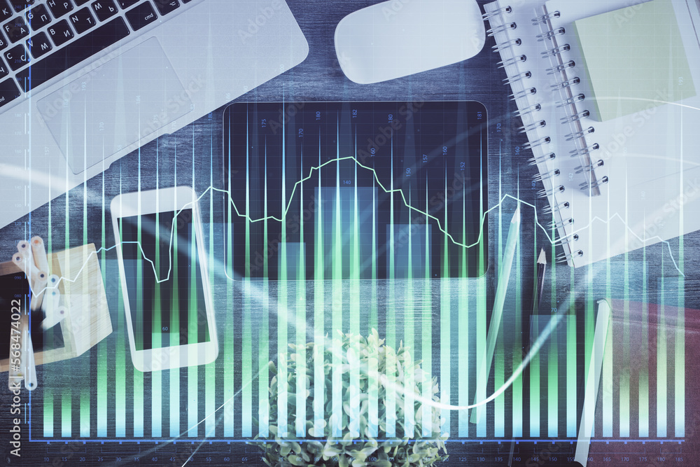 Poster double exposure of forex chart hologram over desktop with phone. top view. mobile trade platform con