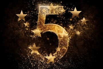 Number five surrounded by gold stars and glitter