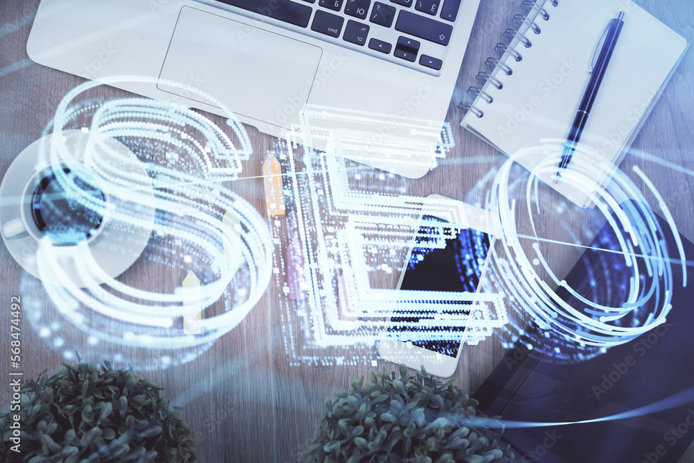 Poster double exposure of seo hologram drawing over desktop. top view. search optimization concept.