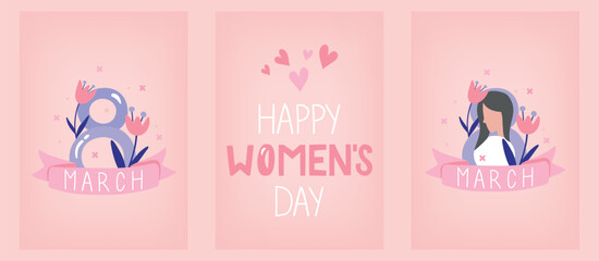 Set of Women's day cards. Drawn posters and greeting cards. Vector greeting cards for Women's day with illustrations in flat style.