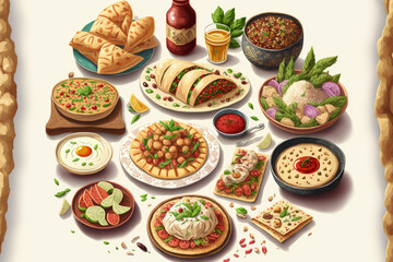 assorted Turkish dishes, hummus, muhamara, mutabal, falafel, shawarma. Generative AI