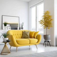 Cozy modern living room interior with yellow sofa and decoration room on a yellow or white wall background, Generative AI
