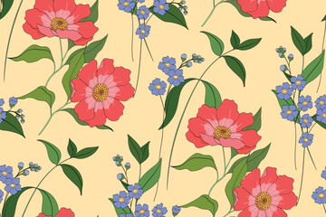 Seamless floral pattern, vintage flower print with wild plants. Beautiful botanical design with large hand drawn flowers, small flowers on a branch, leaves on a light background. Vector illustration.