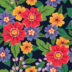 Seamless floral pattern, summer ditsy print with large hand drawn plants. Cute botanical design with blooming meadow: colorful flowers, green leaves on a dark background. Vector illustration.