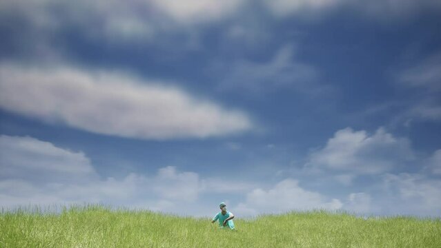 sitting doctor on meadow pause relax chill sun clouds time lapse background grass video animation