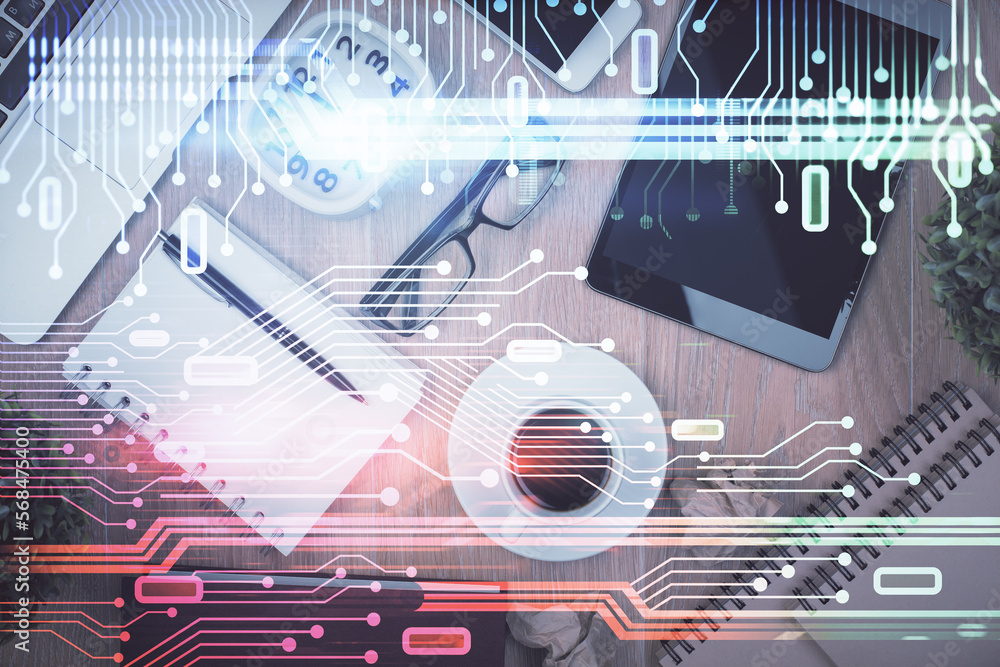 Poster double exposure of technology theme drawing over work table desktop. top view. global data analysis 