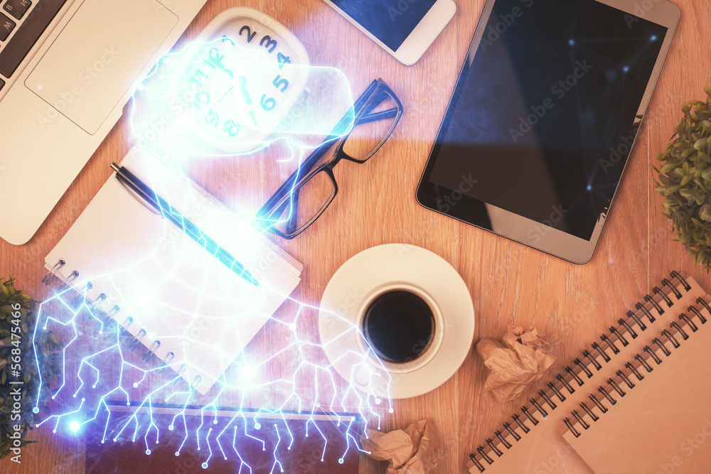 Poster double exposure of drawing man in ar glasses over table with phone. top view. vr concept.