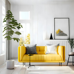 Cozy modern living room interior with yellow sofa and decoration room on a yellow or white wall background, Generative AI
