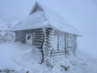 Rescue point near the top of Mount Hoverla. Strong wind and frost. Every year this building saves human lives during bad weather.
