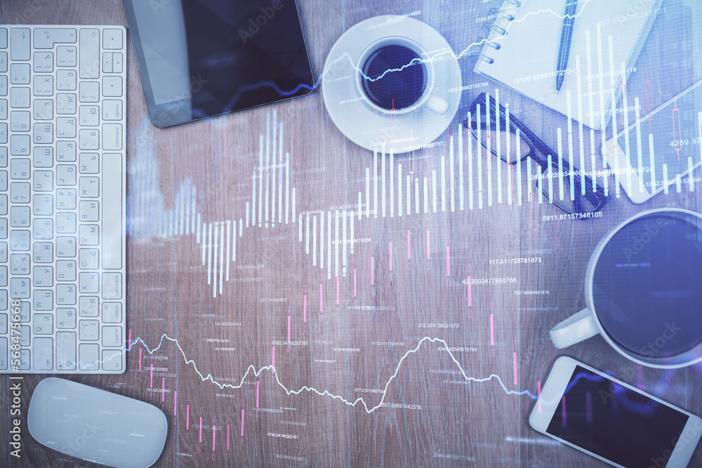 Poster double exposure of financial chart hologram over desktop with phone. top view. mobile trade platform