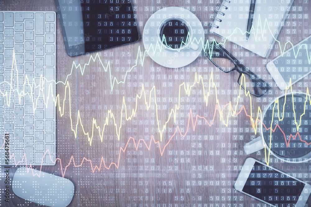 Poster double exposure of financial chart hologram over desktop with phone. top view. mobile trade platform