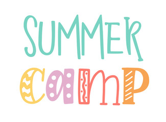 Kids summer camp. Pastel color illustration. Summer camp template poster, flyer, banner design. Kids fun vector illustration. Hand drawn lettering typography text. Summer camp logo for print design.