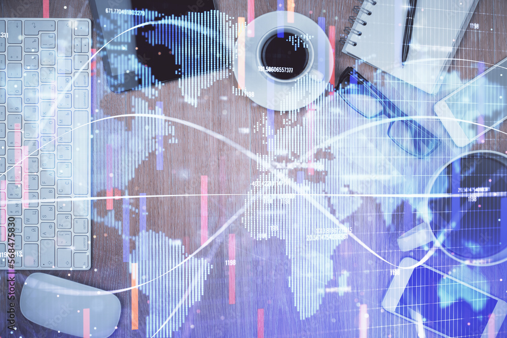 Aufkleber double exposure of business theme hologram over desktop with phone. top view. mobile international t