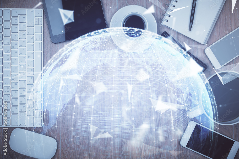Poster double exposure of business theme hologram over desktop with phone. top view. mobile international t