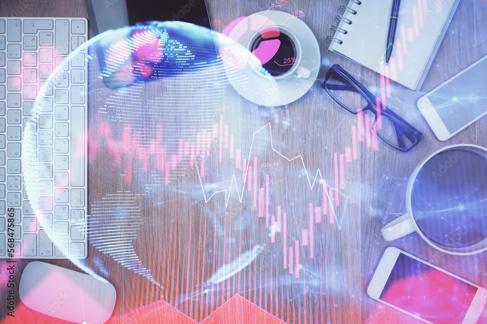 Poster double exposure of business theme hologram over desktop with phone. top view. mobile international t