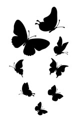 Fototapeta na wymiar Flock of silhouette black butterflies on white background