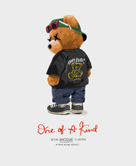 Plakat one of a kind calligraphy slogan with cool bear doll in street fashion style vector illustration