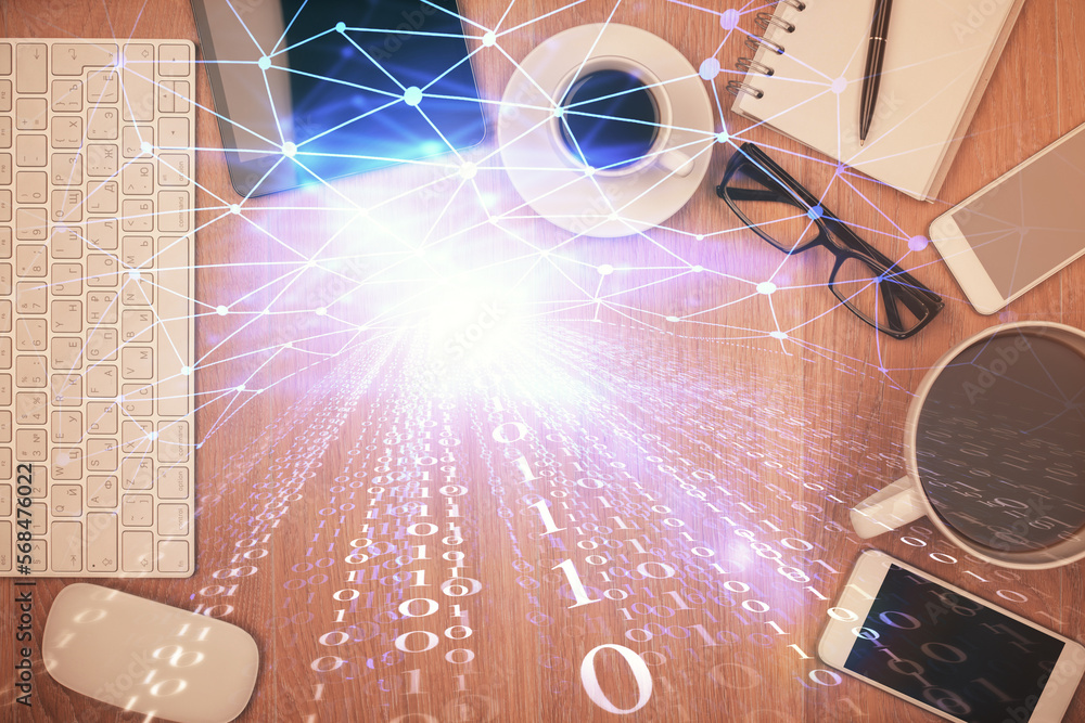 Poster Double exposure of technology theme drawing over work table desktop. Top view. Global data analysis concept.