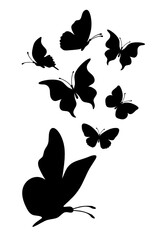 Naklejka premium Flock of silhouette black butterflies on white background