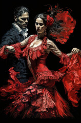 Fototapeta premium Generative AI illustration of Young couple dancing flamenco