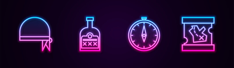 Set line Pirate bandana for head, Alcohol drink Rum bottle, Compass and treasure map. Glowing neon icon. Vector