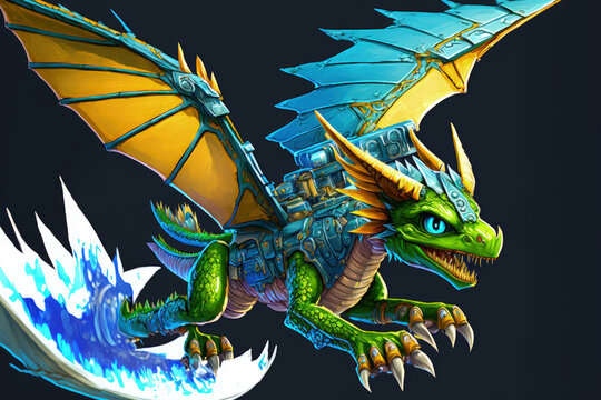 An example of a dragon chase. With wings, a dragon in blue and green. Generative AI
