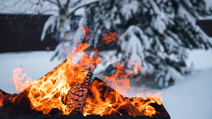 Firewood is burning in the grill. Fire on the background of snow. Heat and cold. Flames.