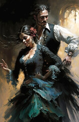 Fototapeta na wymiar Generative AI illustration of Young couple dancing flamenco