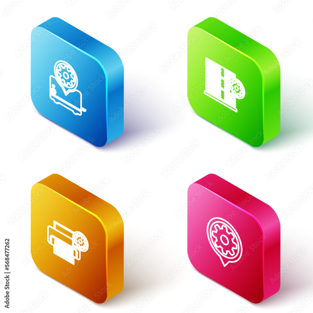 Poster set isometric line toaster setting, server, printer and setting icon. vector