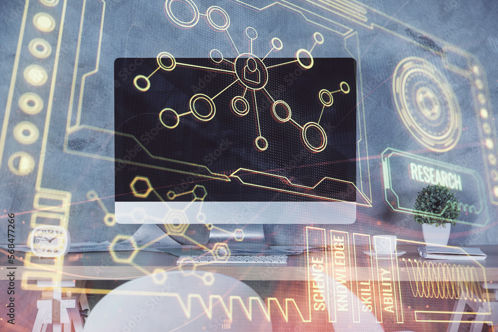 Poster multi exposure of data theme drawing and office interior background. concept of technology.