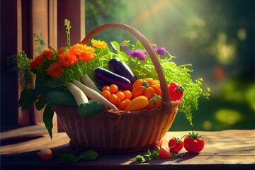 Generative AI illustration of basket with vegetables in the sunny garden