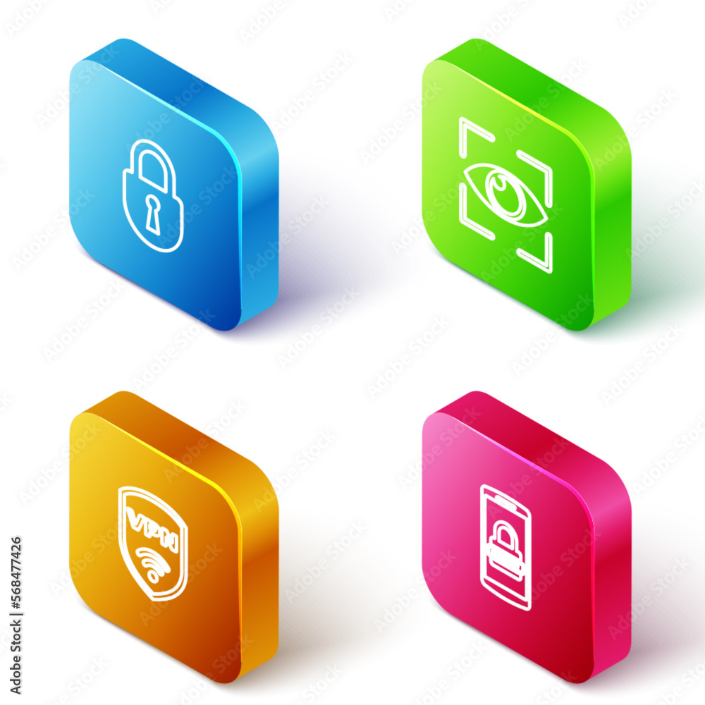 Poster set isometric line lock, eye scan, shield with vpn wireless and mobile and password icon. vector